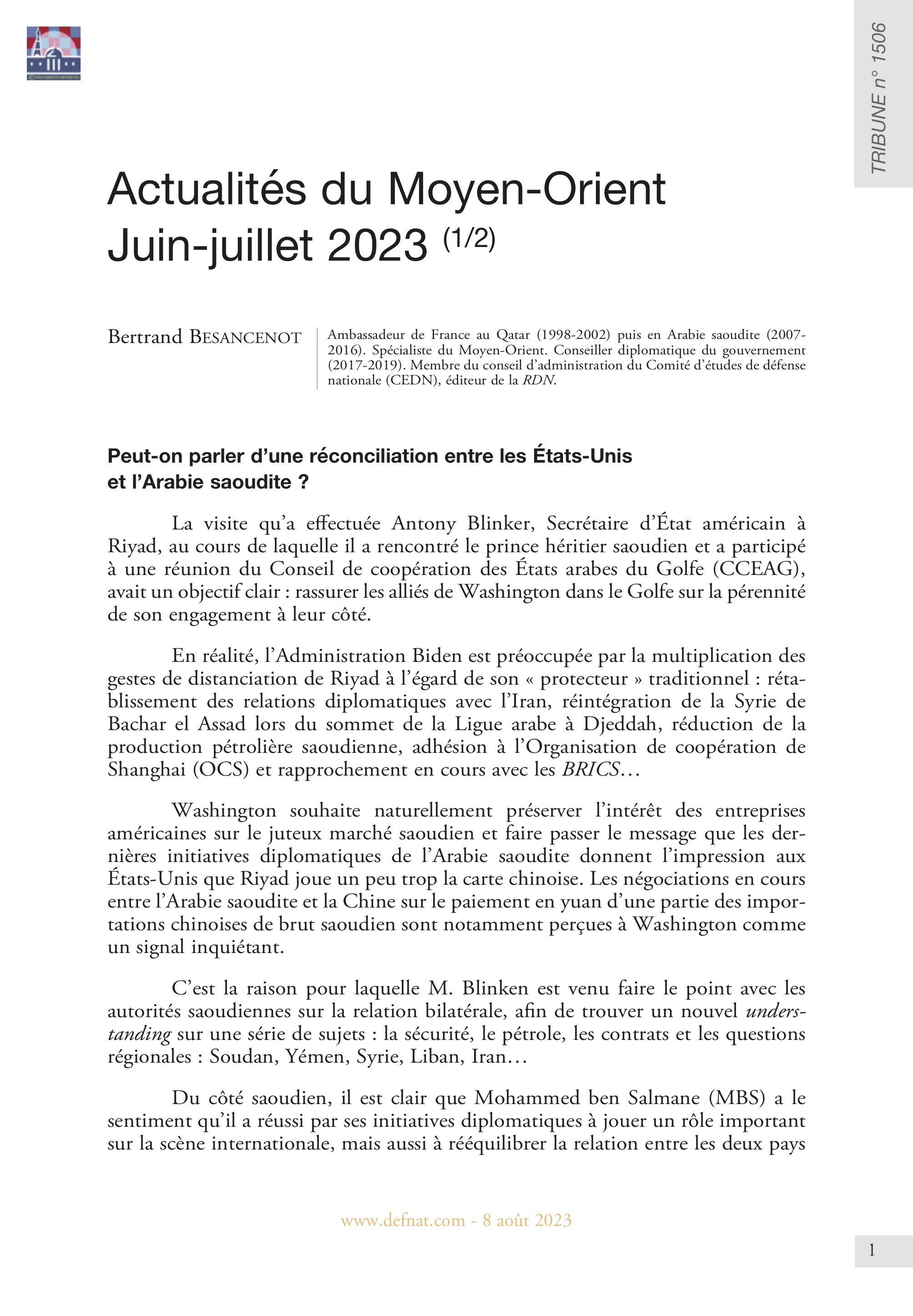 Actualités du Moyen-Orient – Juin-juillet 2023 (1/2) (T 1506)
